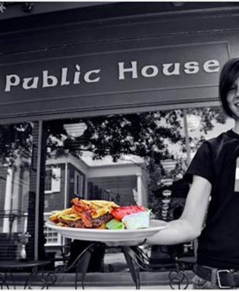 Server in front of Market Street Public House Photo