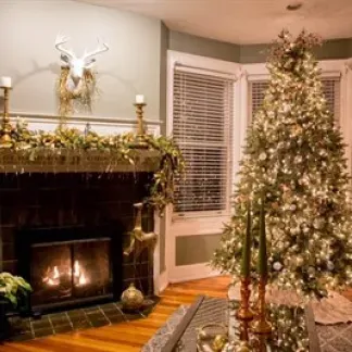 Inside one of the homes from a previous year on the tour. There is a fireplace and Christmas tree Photo