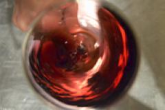 Looking down on a glass of red wine