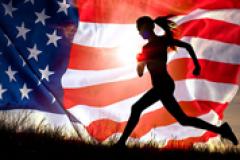 A picture of an American Flag and a female runner in a black sillouette.