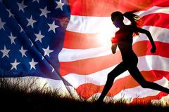 A picture of an American Flag and a female runner in a black sillouette.