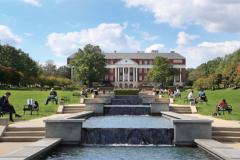 University of Maryland College Park View of McKeldin Mall with students sitting along ODK Fountain.