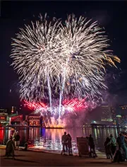 Fireworks display at the Inner Harbor of Baltimore.