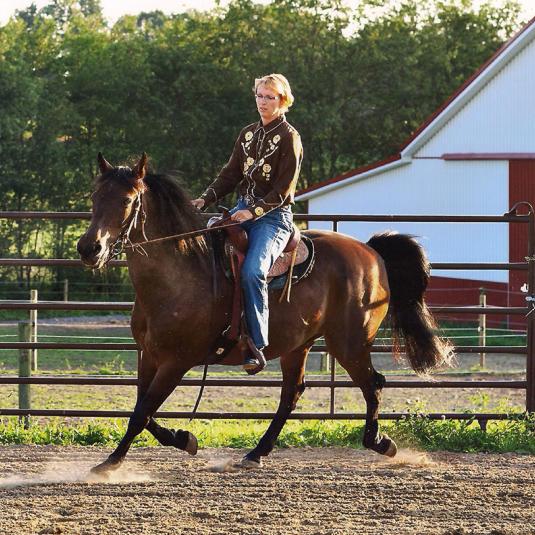Rider riding a horse in a training ring at Broken Spoke Stables