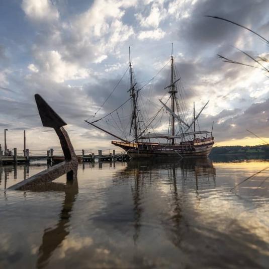 The Maryland Dove sits anchored in St. Mary's City