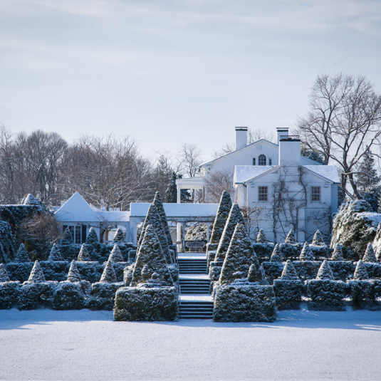 The Great Bowl at Ladew Topiary Gardens in winter snow
