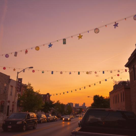 strings of lights and trinkets hung high across street