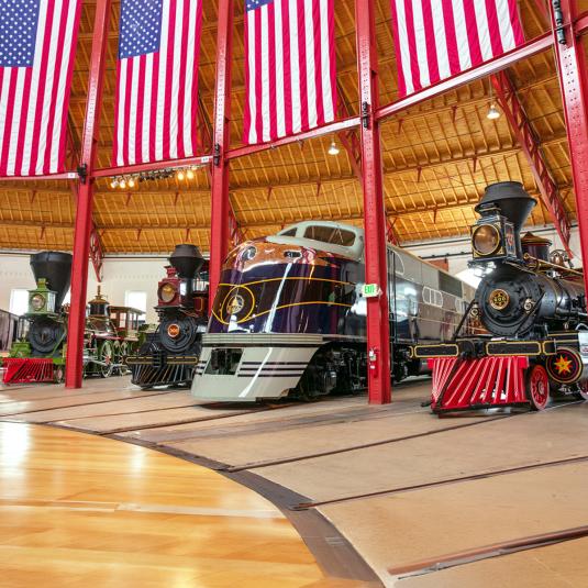 Four trains on display at the B&amp;O Railroad Museum in Baltimore.