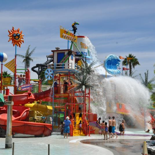 Splashwater Falls at Six Flags America is a multi-level play structure with more than one hundred features