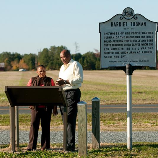 A marker designates Edward Brodess Farm—a property along Greenbrier Road near Blackwater Refuge that is historically recognized as Harriet Tubman's childhood home.