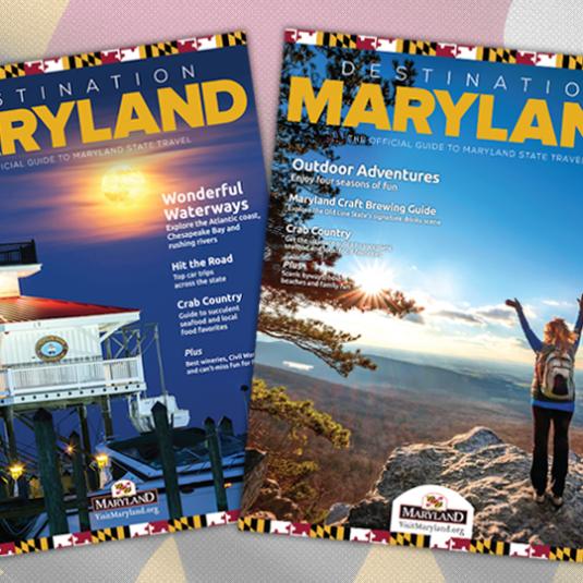 Two different cover options for the Destination Maryland travel guide.