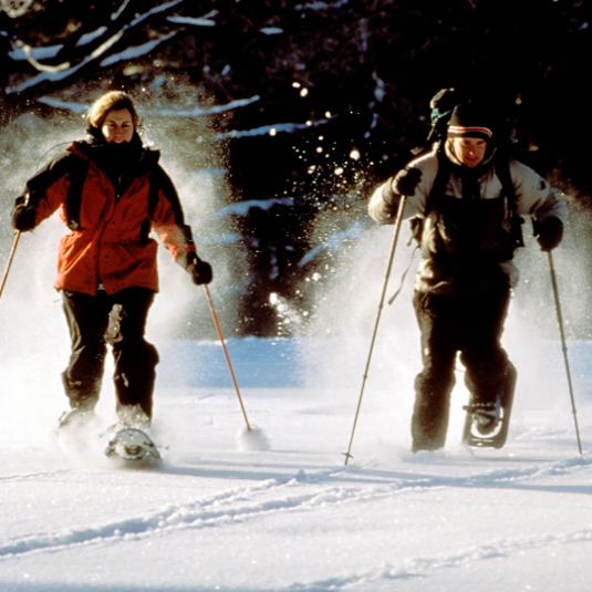 A couple Snow Shoeing through the wilderness